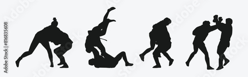 Sambo vector set silhouettes on white background. Different action, pose. Martial arts, combat sambo, sport. Graphic illustration.