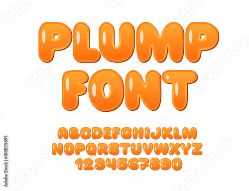 Plump Font. Round Bubble Alphabet. Bright Orange Rotund Abc Type.