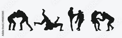 Sambo vector set silhouettes on white background. Different action, pose. Martial arts, combat sambo, sport. Graphic illustration. photo