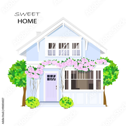 Modern graphic architectural design. Vector set with house,  flowers and trees. Cute house. Flat style vector illustration.
