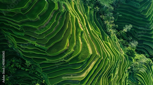 Aerial view of Tegalalang Bali rice terraces. Abstract geometric shapes of agricultural parcels in green color. Drone photo directly above field. 
