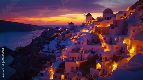 After sunset hour at Oia village of Santorini island in the Cyclades, aegean sea, Greece.  photo
