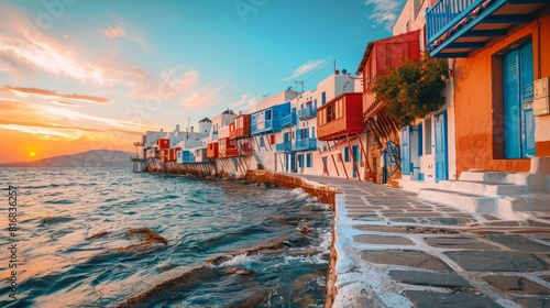 Beautiful famous landmark Little Venice in Mykonos Island on Greece, Cyclades photo