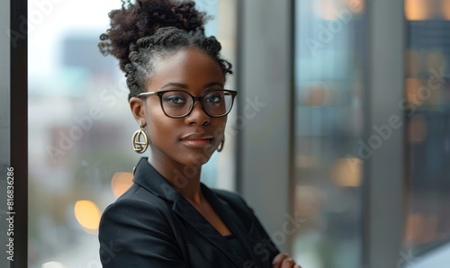 Confident black businesswoman standing by window in office
