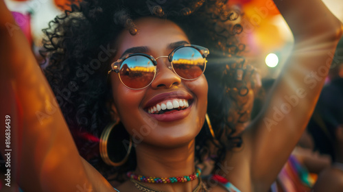 A woman with curly hair and sunglasses is smiling and holding her arms up, wearing a necklace and earrings. music, celebration and concert with black woman in crowd for party, relax or happy to rock