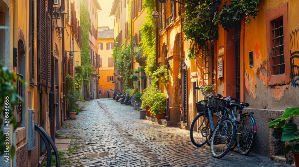 Cozy old street in Trastevere in Rome, Italy. Trastevere is rione of Rome, on the west bank of the Tiber in Rome, Lazio, Italy. Architecture and landmark of Rome 