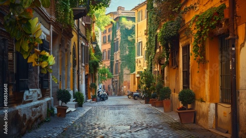 Cozy old street in Trastevere in Rome, Italy. Trastevere is rione of Rome, on the west bank of the Tiber in Rome, Lazio, Italy. Architecture and landmark of Rome  photo
