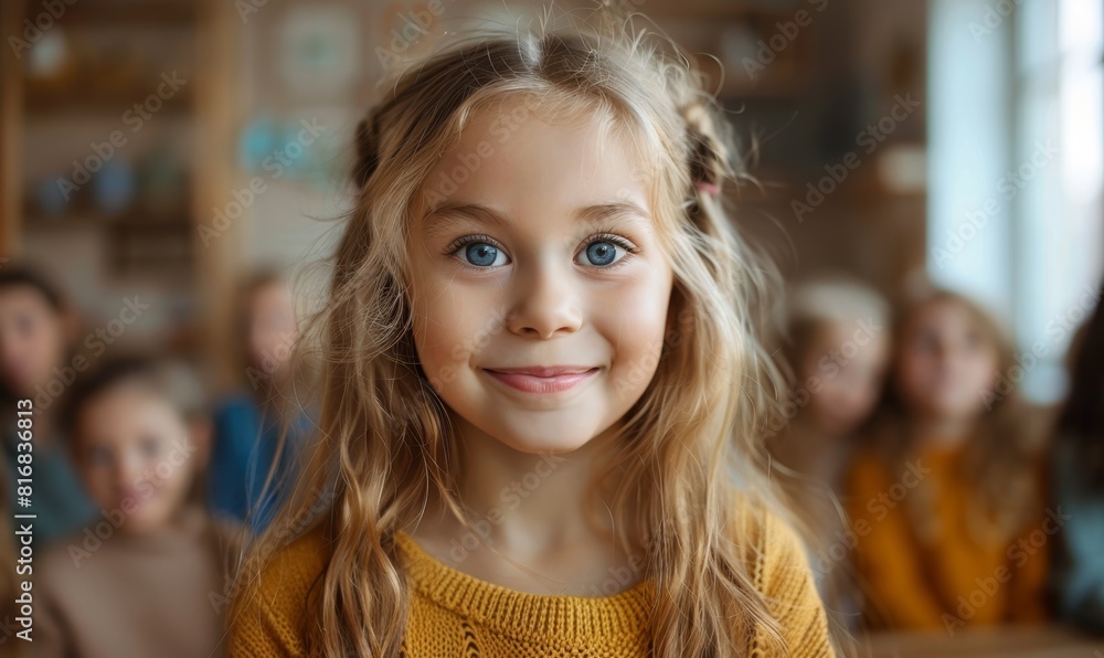 Fototapeta premium Happy little girl looking at the camera in an art and drawing class
