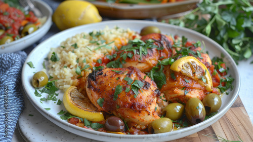 Traditional african chicken stew served with rice, garnished with olives, lemons, and fresh herbs on a rustic wooden table