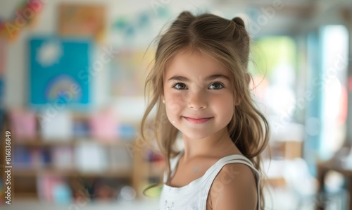 Happy little girl looking at the camera in an art and drawing class