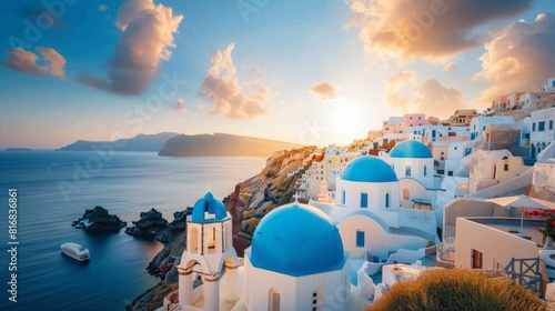 Fira town on Santorini island, Greece. Incredibly romantic sunrise on Santorini. Oia village in the morning light. Amazing sunset view with white houses. Island lovers. 3 Blue domes  #816836861