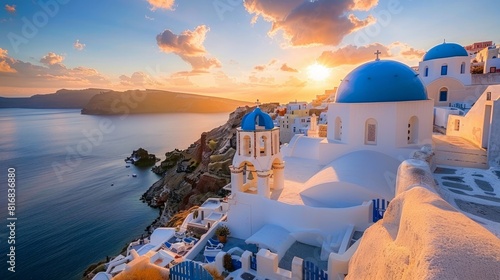 Fira town on Santorini island, Greece. Incredibly romantic sunrise on Santorini. Oia village in the morning light. Amazing sunset view with white houses. Island lovers. 3 Blue domes  photo
