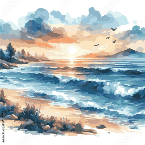 Highly detailed Ocean View watercolor vector isolated on transparent background