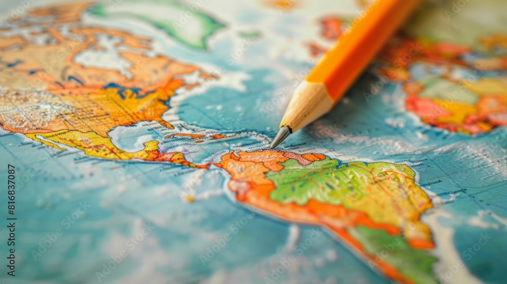 A pencil is resting on a detailed map of the world, highlighting different countries and continents. A pencil is resting on a detailed map of the world, highlighting different countries and continents.