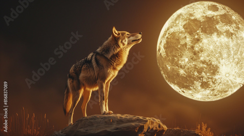 Lone Wolf Howling at Full Moon on Rocky Landscape at Night