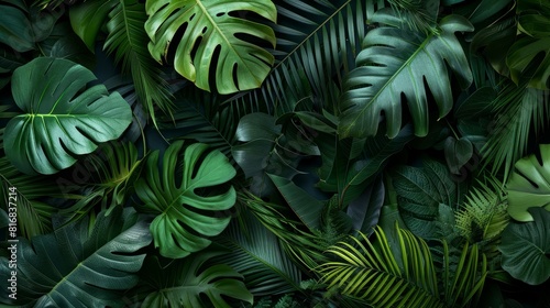 Group background of dark green tropical leaves ( monstera, palm, coconut leaf, fern, palm leaf,bananaleaf) Panorama background. concept of nature  © Farda