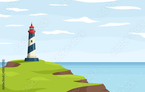 Lighthouse nautical tower on seashore. Sea coast or ocean beach rocks and lighthouse building. Coastline landscape with beacon. Hope symbol, expectation, solitude concept. Vector illustration