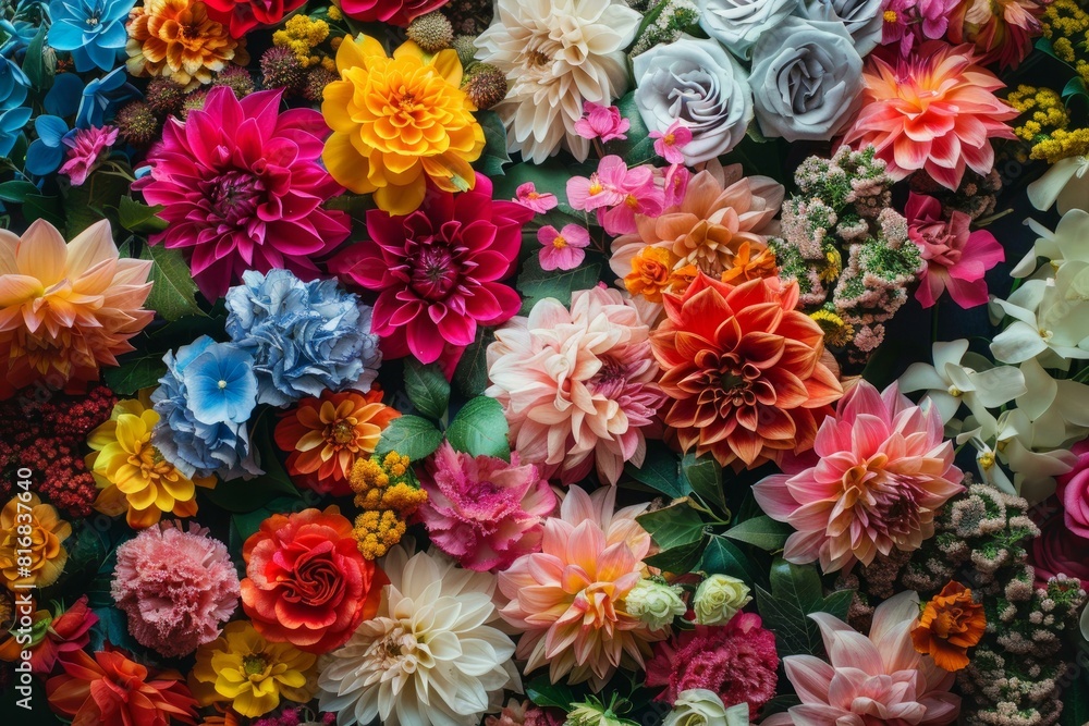 Colorful top view of various faux blooms, ideal for decor backdrops Colorful top view of various faux blooms, ideal for decor backdrops
