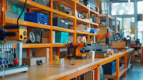 A room filled with various tools and equipment typically used in a factory setting. The tools are neatly organized on shelves and workbenches. photo