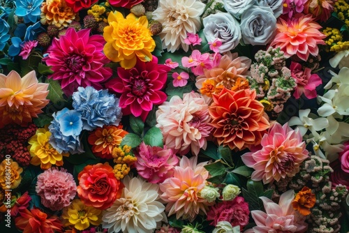 Colorful top view of various faux blooms, ideal for decor backdrops
