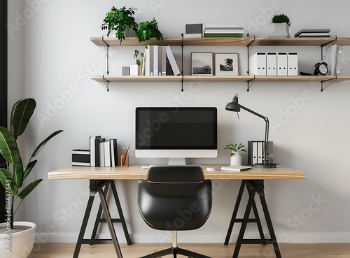 Modern home office interior with computer  chair and shelves on white wall stock photo contest winner at lightstock  simple background  black desk  minimalistic style  office space decor