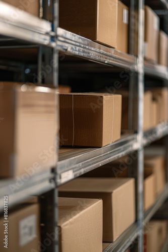 Neatly arranged boxes on a shelf, suitable for storage or warehouse concepts