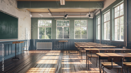 An empty classroom is shown with wooden desks and windows. The setting evokes a typical school environment ready for students. 