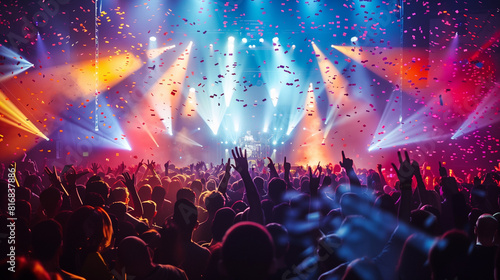 A lively crowd of music enthusiasts gathers in front of a colorful stage, illuminated by vibrant lights. Confetti fills the air as the audience enjoys the electrifying atmosphere of the concert photo
