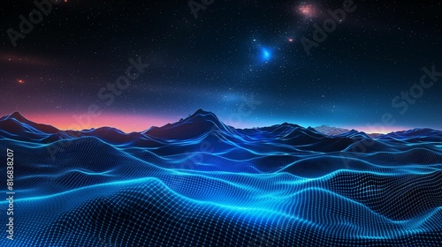 Abstract digital landscape with wireframe mountains under starry sky.