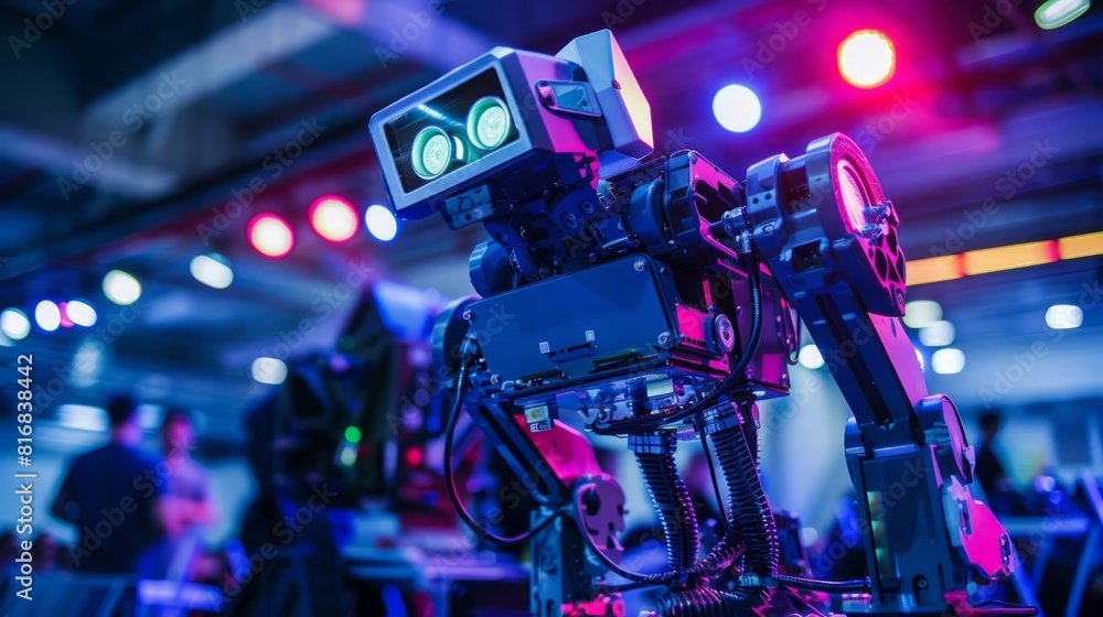 A robot stands in front of a large group of people, showcasing advanced technology in a public setting. A robot stands in front of a large group of people, showcasing advanced technology in a public setting.