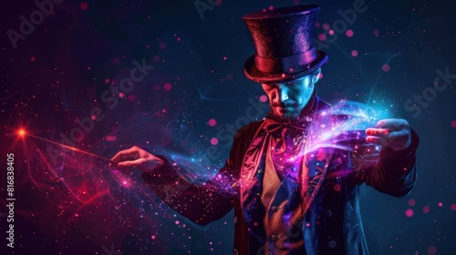 Circus show or funfair carnival poster with magician illusionist, top hat, and magic wand trick with sparkling light