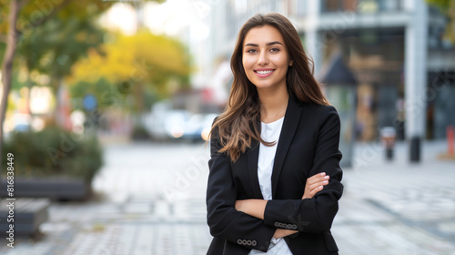 A woman in a business suit is smiling and standing on a sidewalk. Young happy smiling professional business woman, happy confident positive female entrepreneur standing outdoor on street arms crossed