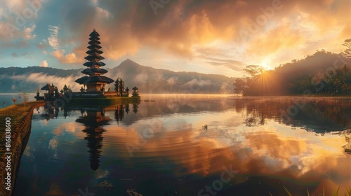 Panorama of Sunrise at Pura Ulun Danu Beratan Bedugul temple on a lake in Bali, Indonesia photo
