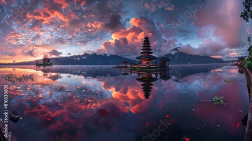Panorama of Sunrise at Pura Ulun Danu Beratan Bedugul temple on a lake in Bali, Indonesia  © Farda