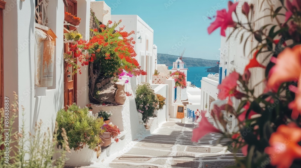 Santorini, Greece. Picturesq view of traditional cycladic Santorini houses on small street with flowers in foreground. 