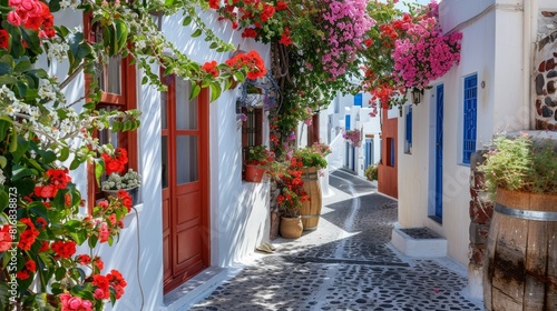 Santorini, Greece. Picturesq view of traditional cycladic Santorini houses on small street with flowers in foreground.  photo