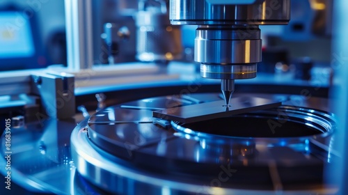 A detailed examination of a thin, bladeshaped semiconductor in a clean room environment