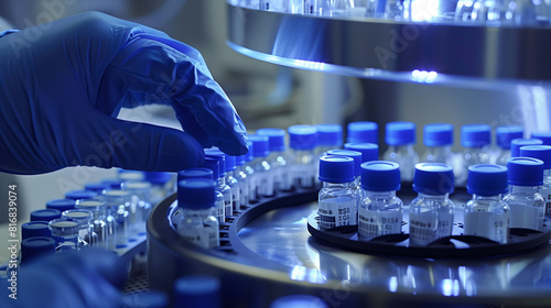 Laboratory Technician Analyzing Vaccine Vials in Medical Research Lab