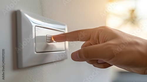 A person is pressing a light switch. The switch is white and has a red button. The person is wearing a black shirt