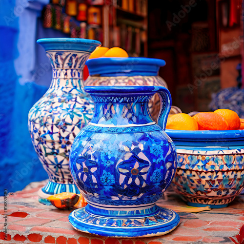 morocco chefchaouen crafts,Traditional moroccan architectural details in blue city Chefchaouen in Morocco and old man,generate ai © Nadia