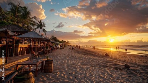 Sunset in Petitenget Beach, Seminyak, Badung Regency, Bali, Indonesia. November 2022. Vibrant and magnificent view of sunset bars, beach club and oceanfront restaurants. 