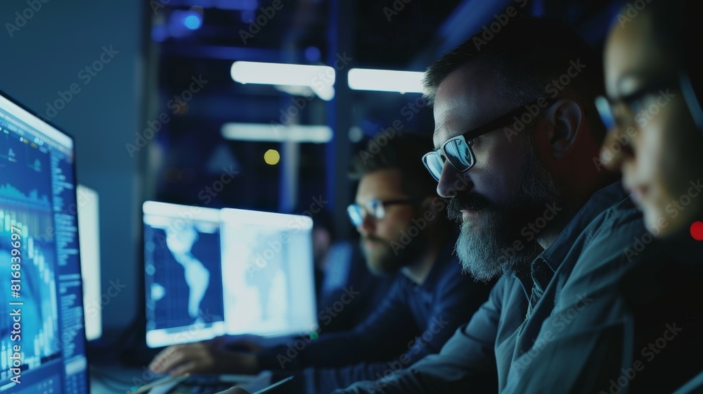 A group of IT professionals brainstorming over a new cybersecurity threat, analyzing the best response tactics A group of IT professionals brainstorming over a new cybersecurity threat, analyzing the best response tactics