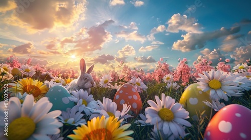 Easter scene featuring daisy flowers and rabbits with colorful eggs beneath a gorgeous sky in a 3D rendering photo