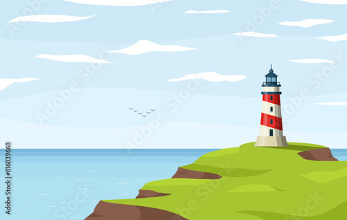 Lighthouse nautical tower on seashore. Sea coast or ocean beach rocks and lighthouse building. Coastline landscape with beacon. Hope symbol, expectation, solitude concept. Vector illustration