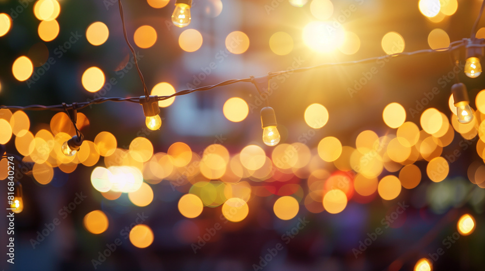 A cityscape with a string of festival lights creating a blurry, abstract effect in the background. The lights add a sense of vibrancy and movement to the urban scene A cityscape with a string of festival lights creating a blurry, abstract effect in the background. The lights add a sense of vibrancy and movement to the urban scene