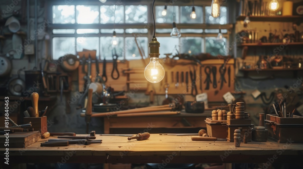 A light bulb over a craftsmans bench, lighting up handmade crafts and the tools used to create them A light bulb over a craftsmans bench, lighting up handmade crafts and the tools used to create them