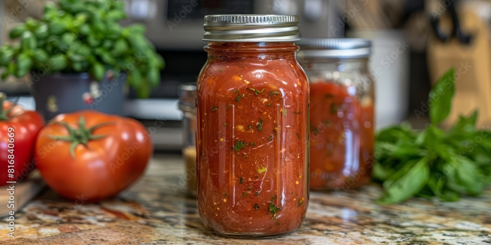 A jar of homemade tomato sauce sits on a kitchen counter, next to a bowl of fresh tomatoes and basil A jar of homemade tomato sauce sits on a kitchen counter, next to a bowl of fresh tomatoes and basil
