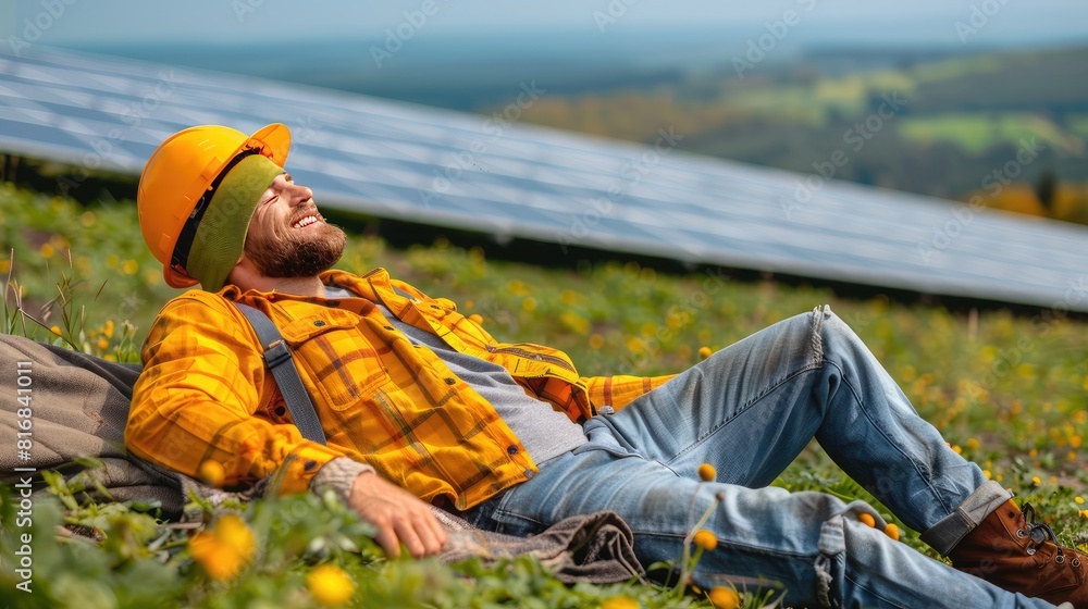 A man in a yellow shirt and blue jeans is laying in a field. He is smiling and he is enjoying the outdoors A man in a yellow shirt and blue jeans is laying in a field. He is smiling and he is enjoying the outdoors