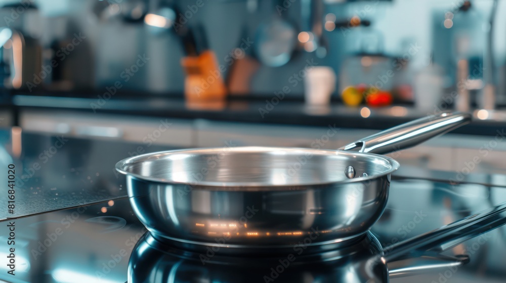 Stainless steel pan on the stove cooking in the kitchen Stainless steel pan on the stove cooking in the kitchen