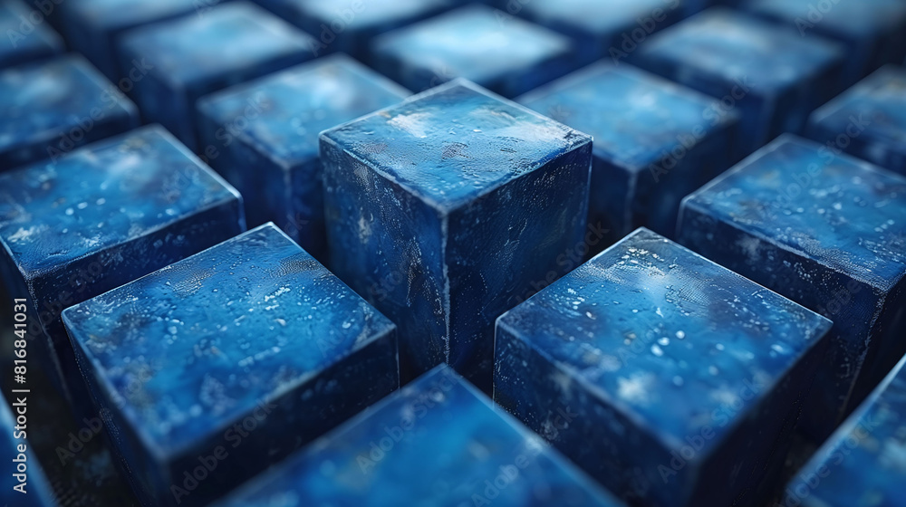 Close-up of blue textured cubes arranged in a grid, with a shallow depth of field focusing on the center. Close-up of blue textured cubes arranged in a grid, with a shallow depth of field focusing on the center.